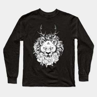 Wiccan lion with horns and flowers Long Sleeve T-Shirt